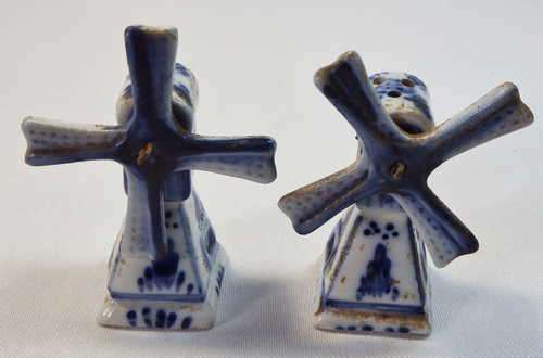 Pair of blue porcelain delft type windmill salt and pepper shakers