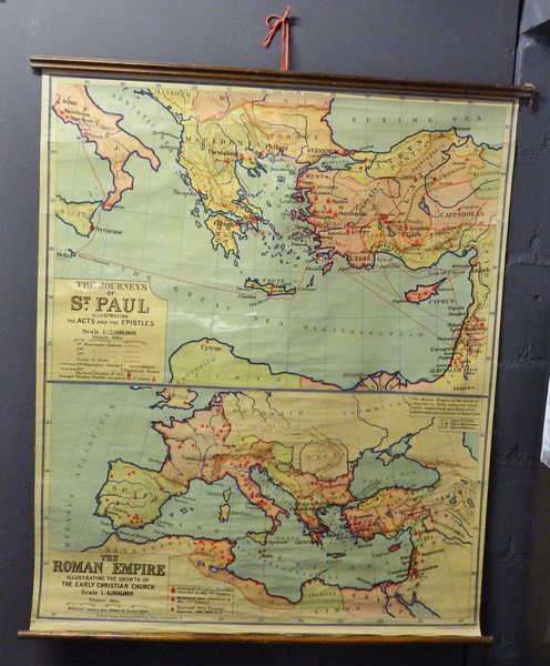 Bible Lands Cloth School map Nr.7 - A: The Journeys of st Paul B: The Roman Empire - 1948