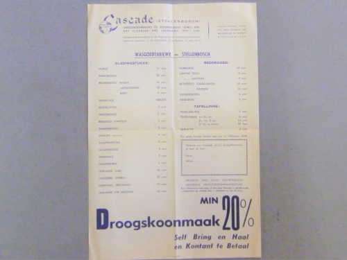 Cascade Stellenbosch Dry Cleaners and Laundries tariff pamphlet