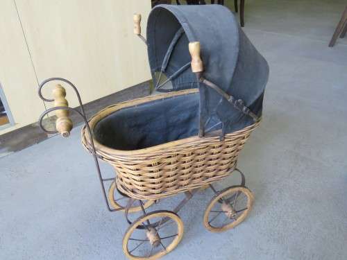 Antique woven wood miniature pram - Size: 53cm x 36cm