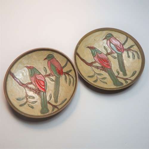 Set of 2 brass small shallow bowls with bird design - Made in India