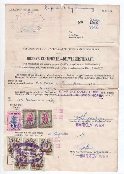 1969 Cape of Good Hope Digger`s certificate - Issued in Barkly Wes - Renewed 1970, 1971, 1972, 1973,