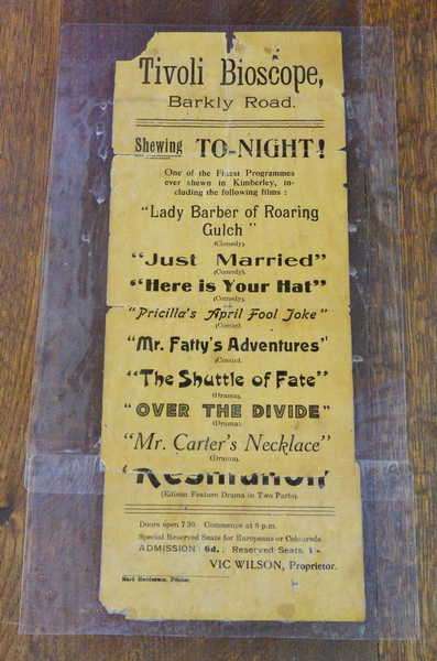 Tivoli Bioscope - Kimberley programme menu - Probably late 1800's - Laminated
