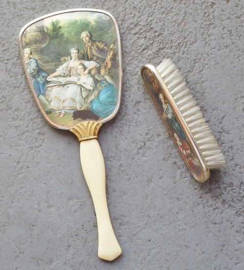 Vintage French themed brush and hand mirror
