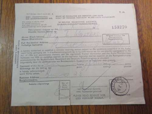 1947/8 Wireless receiving licence issue in Piketberg
