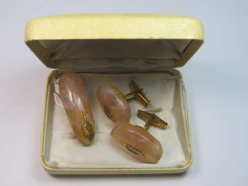 Vintage set of Rose Quartz cufflinks and tie clip