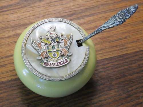 Vintage Lusaka Northern Rhodesia sugar bowl with lid and spoon