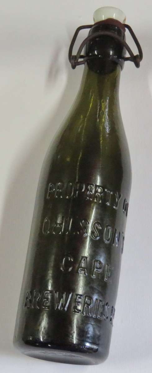 Antique Ohlssons Cape Breweries beer bottle with porcelain lid