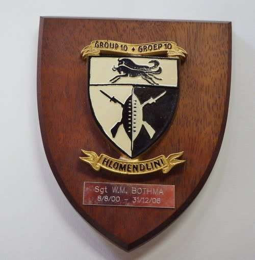 SADF Group 10 Hlomendlini plaque awarded to Sergeant W.M. Bothma