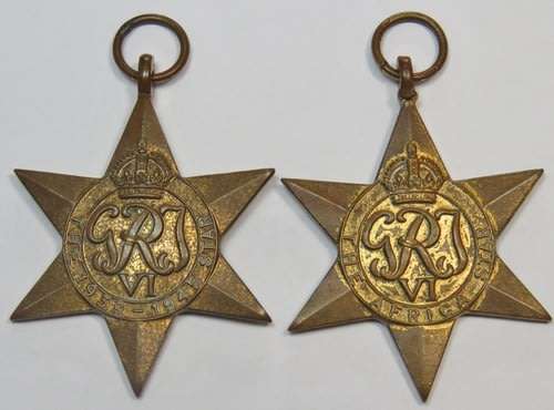 Pair of WW2 medal stars issued to P832 J.J.F. Coetzer - 1939-1945 star , Africa star