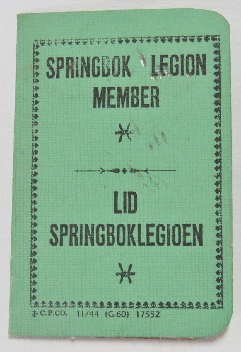 Springbok Legion member card of A/M A.P Salomon 279466 - 21 Squadron SA Air Force