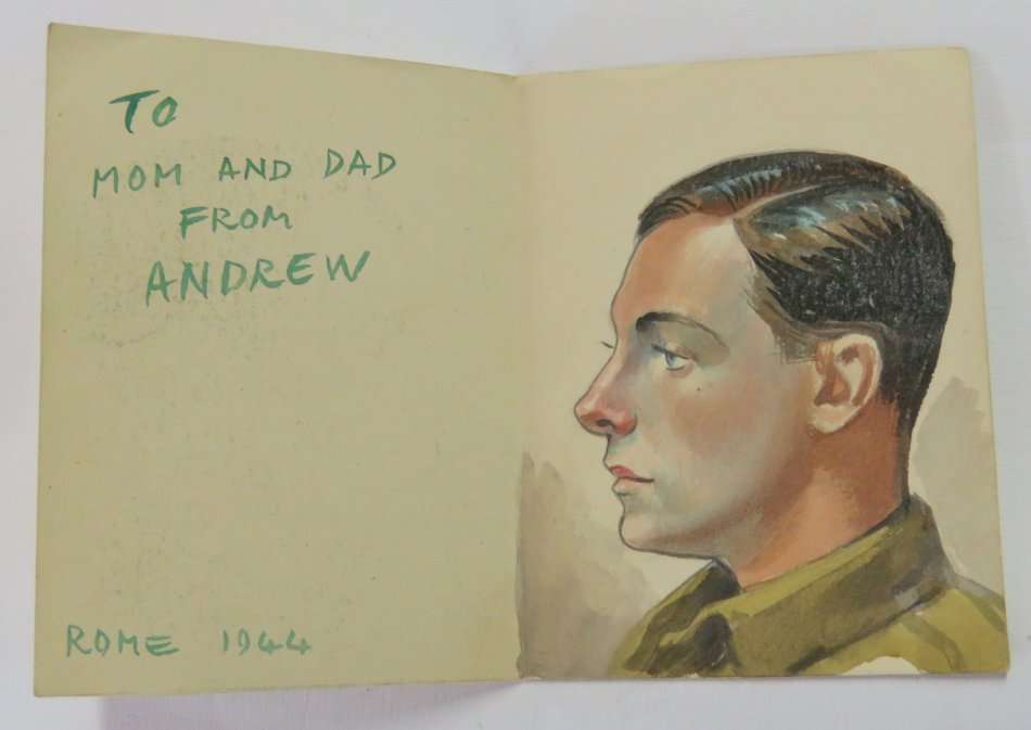 Beautiful handpainted WW2 card from Andrew Salomon to Mom and Dad - Rome 1944