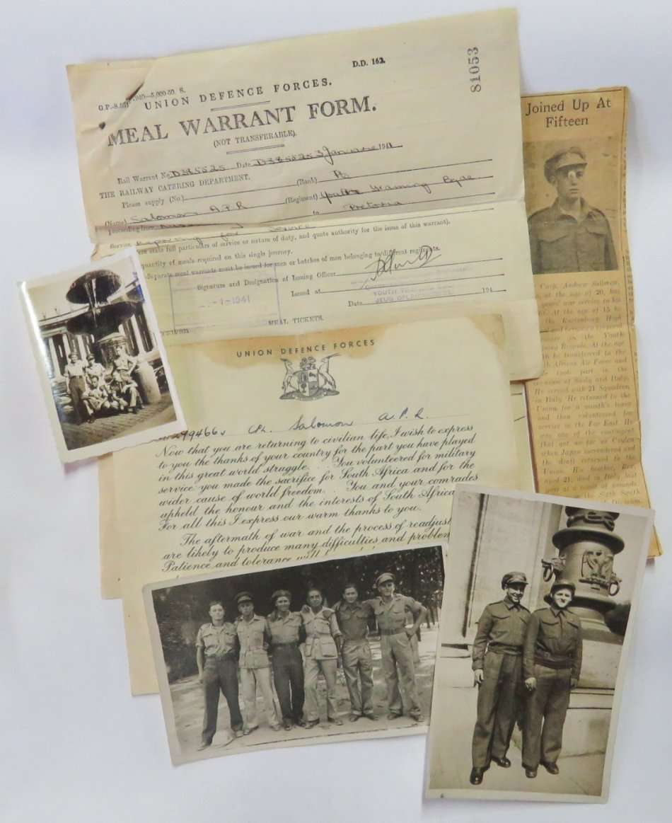 WW2 Union Defence Force recruitment letter and meal Warrant form to A.P.R Salomon