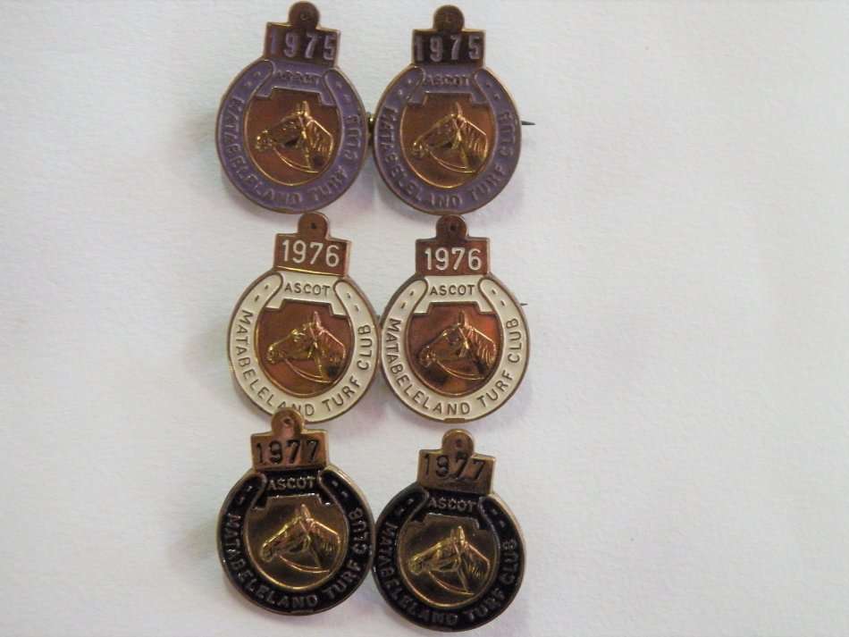 Horse Racing Matabeleland Turf Club pin badges for 1975, 1976 and 1977 - Numbered - 2 sets