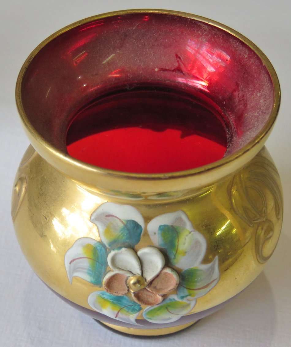 Italian cranberry glass handpainted miniature vase