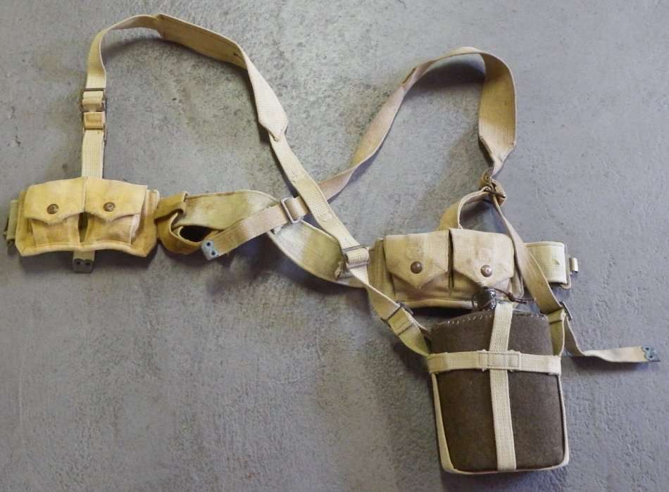 WW2 SA Army UDF webbing with water bottle, ammo pouches and bayonet frog - Sizes below