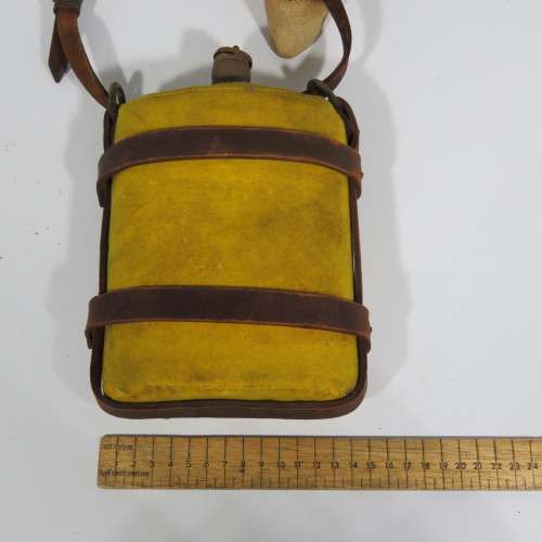 WW1 British Army water bottle with yellow cover and leather carrier