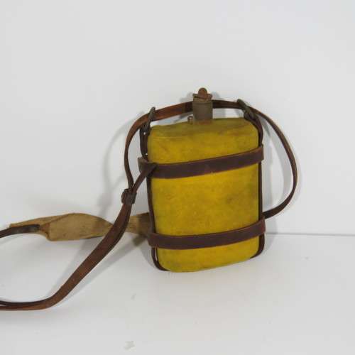 WW1 British Army water bottle with yellow cover and leather carrier