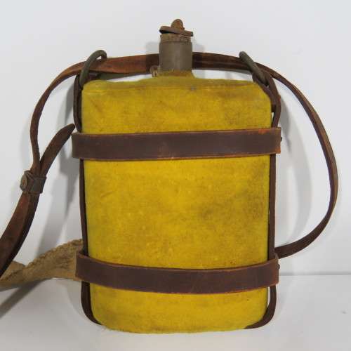 WW1 British Army water bottle with yellow cover and leather carrier