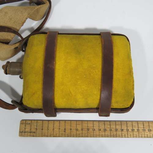 WW1 British Army water bottle with yellow cover and leather carrier