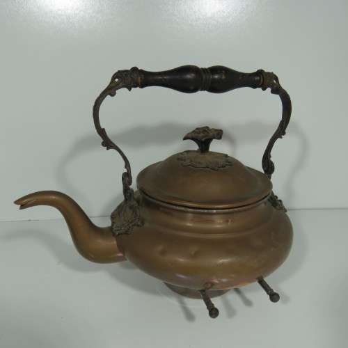 Antique copper tea pot on stand with burner - Some dents