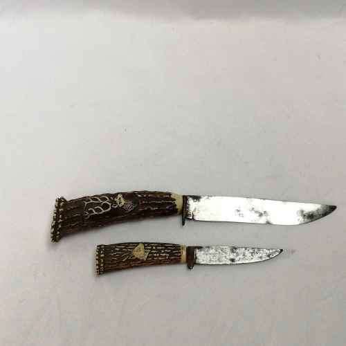 Vintage Faux stag horn ( Plastic ) fixed blade knives in pouch