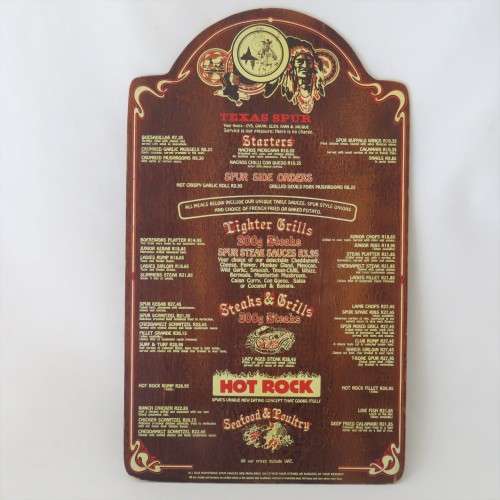 Vintage Texas spur menu - Wooden - Spur burger was R10-15 - Size 43 x 25