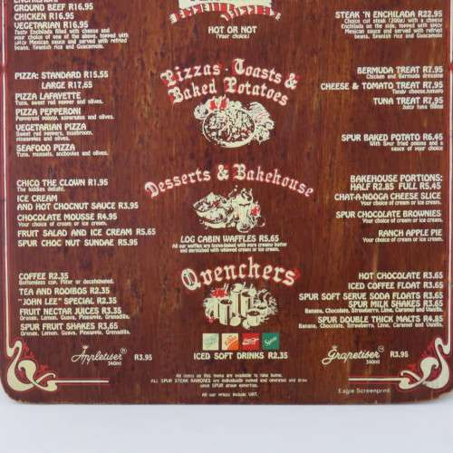 Vintage Texas spur menu - Wooden - Spur burger was R10-15 - Size 43 x 25
