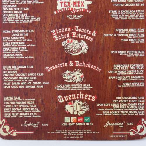 Vintage Texas spur menu - Wooden - Spur burger was R10-15 - Size 43 x 25