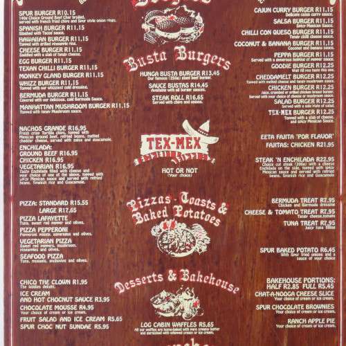 Vintage Texas spur menu - Wooden - Spur burger was R10-15 - Size 43 x 25