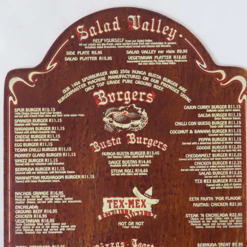 Vintage Texas spur menu - Wooden - Spur burger was R10-15 - Size 43 x 25