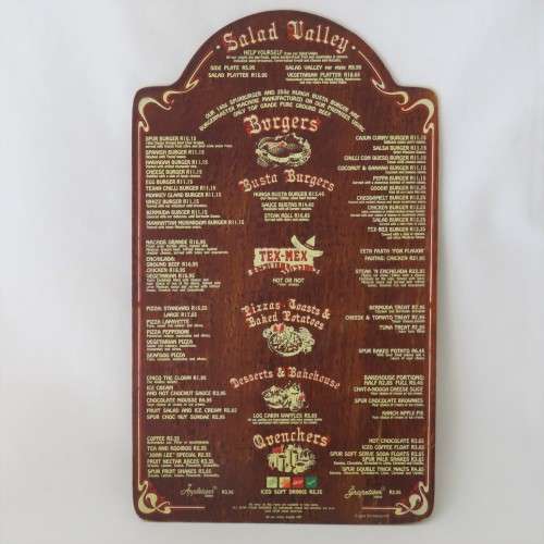 Vintage Texas spur menu - Wooden - Spur burger was R10-15 - Size 43 x 25