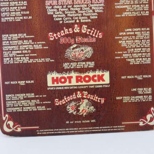 Vintage Texas spur menu - Wooden - Spur burger was R10-15 - Size 43 x 25