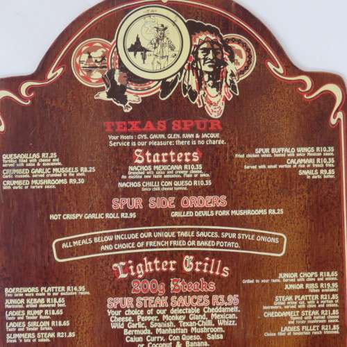 Vintage Texas spur menu - Wooden - Spur burger was R10-15 - Size 43 x 25