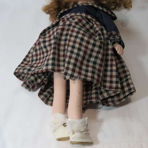 Porcelain doll with checked skirt and jean jacket - 40 cm High