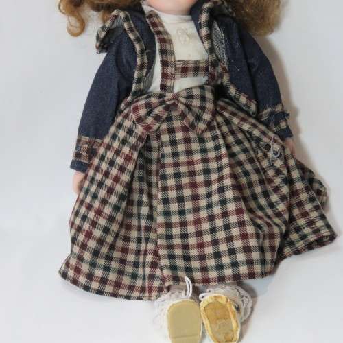 Porcelain doll with checked skirt and jean jacket - 40 cm High