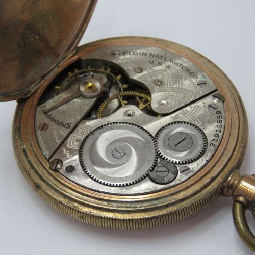 Antique Elgin goldplated full hunter pocketwatch - No glass - Balance staff broken - Not working