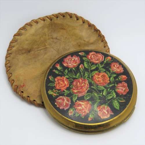 Vintage powder compact with roses design and leather pouch