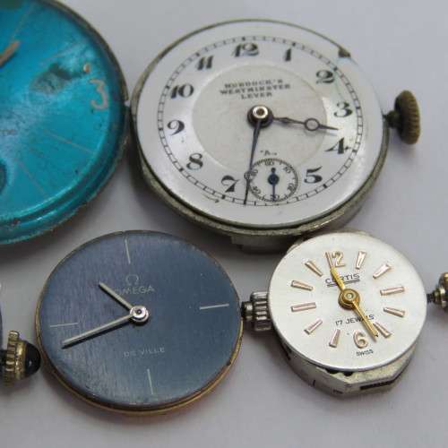 Lot of 5 mechanical watch movements for spares including Omega DeVille Caliber 620 - Not working