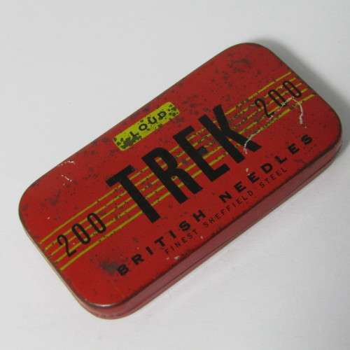 Almost full tin of gramophone needles in Trek tin