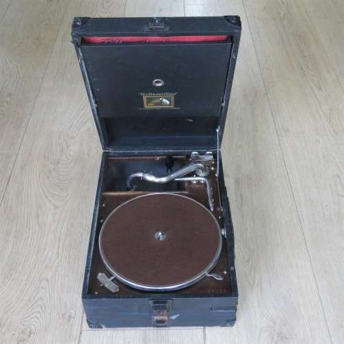 Vintage His Masters Voice Portable Gramophone - Case is well used - Gramophone is working