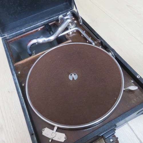 Vintage His Masters Voice Portable Gramophone - Case is well used - Gramophone is working