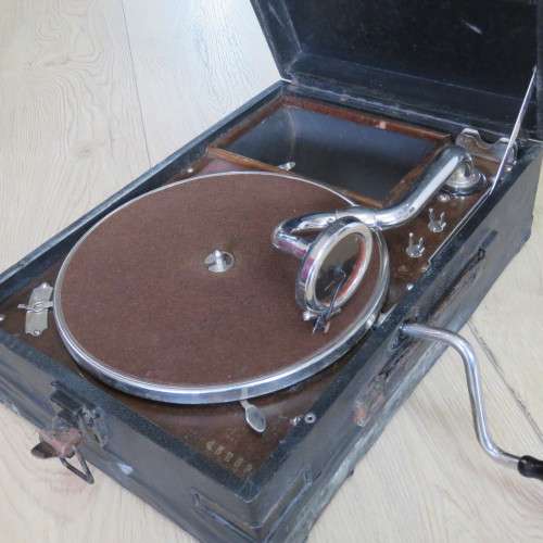 Vintage His Masters Voice Portable Gramophone - Case is well used - Gramophone is working