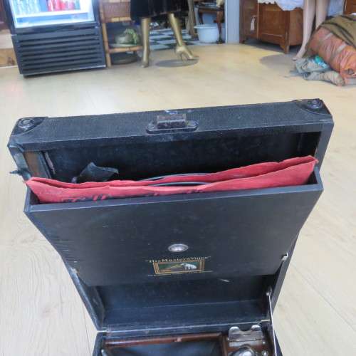 Vintage His Masters Voice Portable Gramophone - Case is well used - Gramophone is working