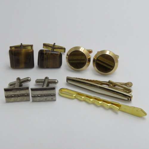 3 Pairs of vintage cufflinks and two tie clips