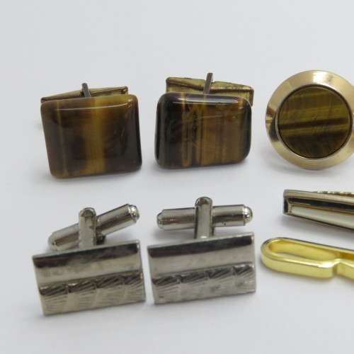3 Pairs of vintage cufflinks and two tie clips