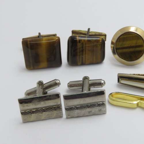 3 Pairs of vintage cufflinks and two tie clips