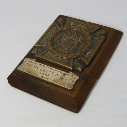 WW2 Death plaque to 206276V Lieutenant Francis Bullard, SA Air Force 15 Squadron