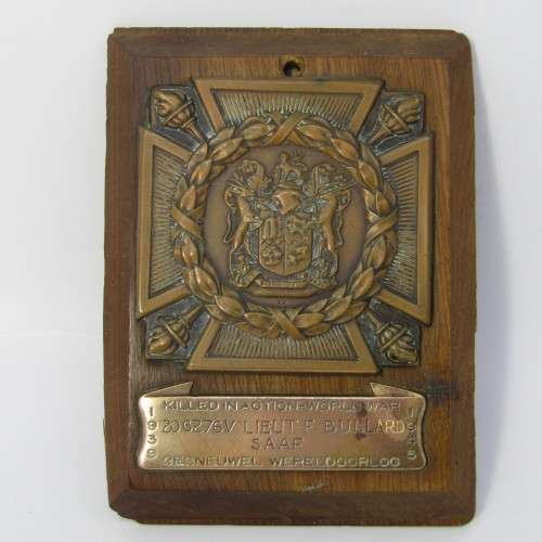 WW2 Death plaque to 206276V Lieutenant Francis Bullard, SA Air Force 15 Squadron
