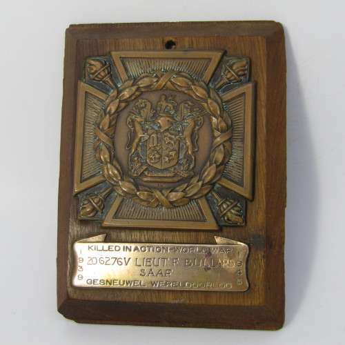 WW2 Death plaque to 206276V Lieutenant Francis Bullard, SA Air Force 15 Squadron